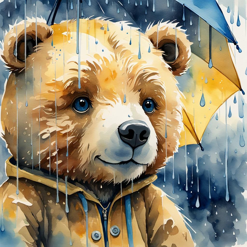 Sad Teddy Bear in Rain, Watercolor Illustration