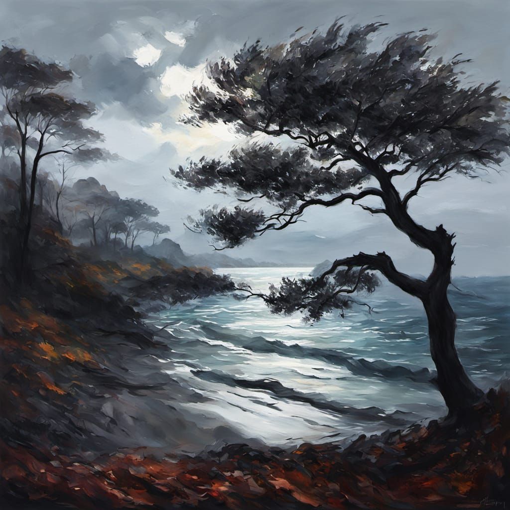 Moody Tree Silhouettes Near the Sea as Oil Painting