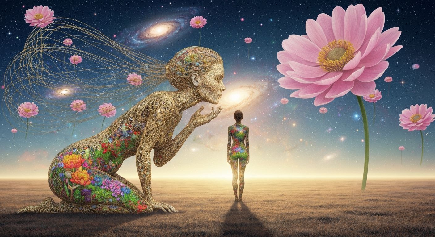 Filigree Woman Kisses Surreal Garden in Ethereal Glow