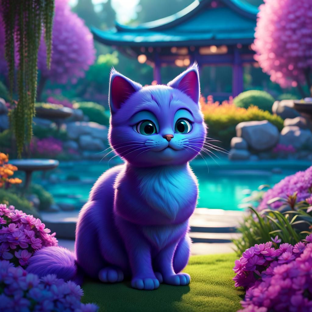 Cute Purple Cat in Japanese Garden, 3D Digital Art
