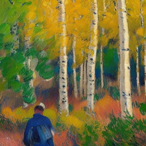 Impressionist Painting of Mushrooms in Aspen Grove