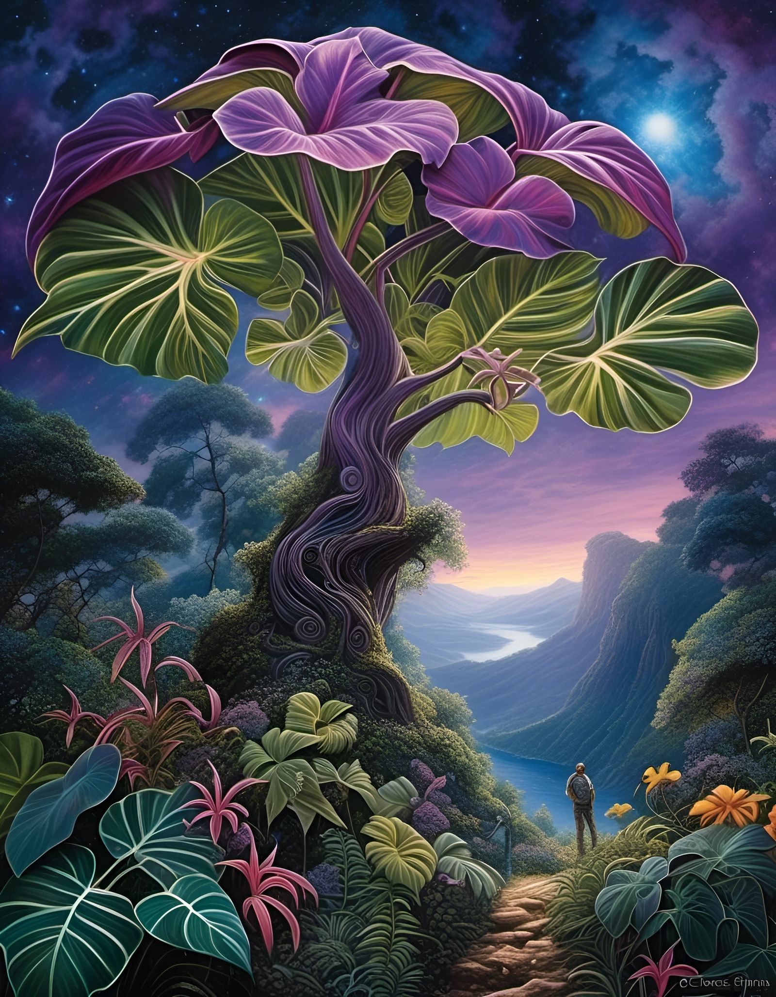 Gigantic Purple Alien Philodendron in Storybook Landscape