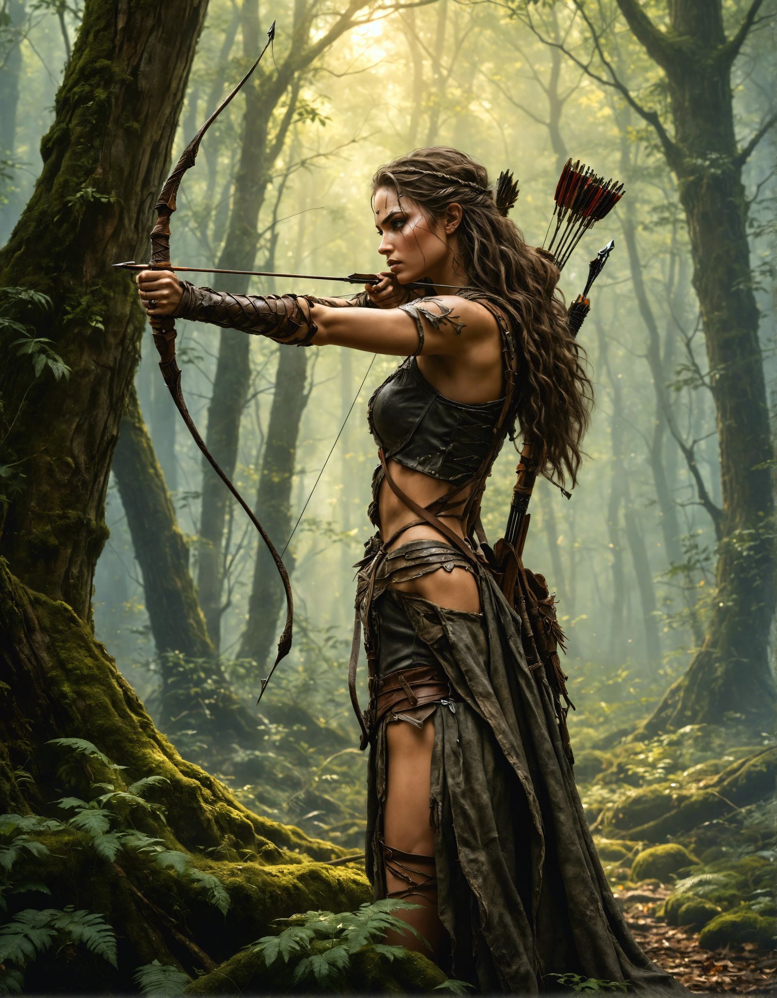 Female Huntress Aims Bow in Dense Forest