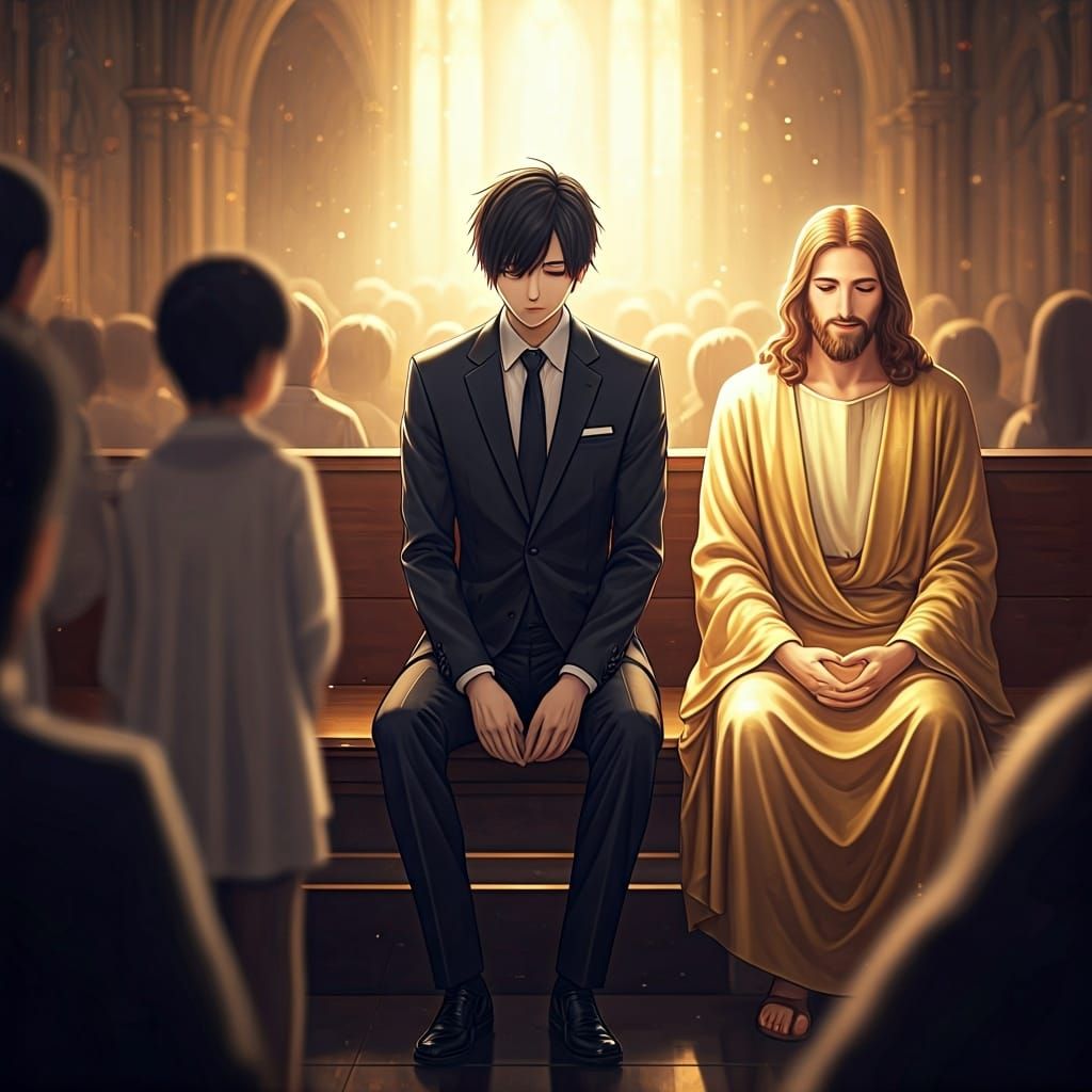 Lonely Man with Jesus in Crowded Chapel, Anime Style