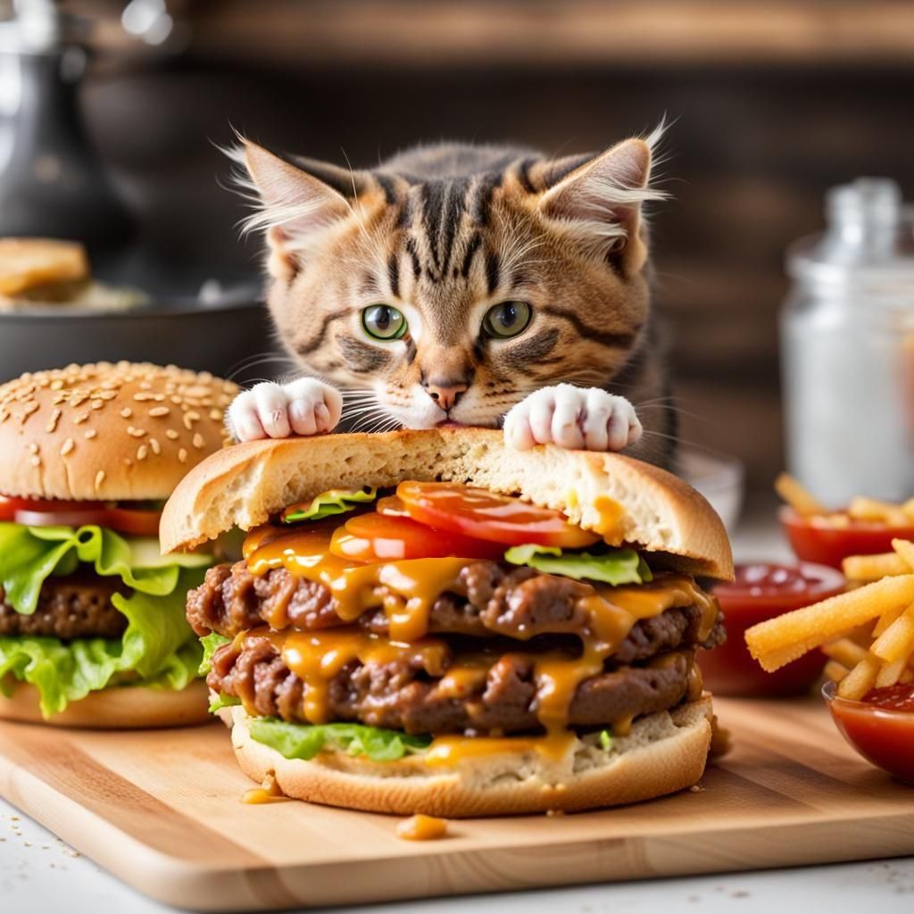 Surreal Double Cheeseburger Portrait with Playful Feline Int...