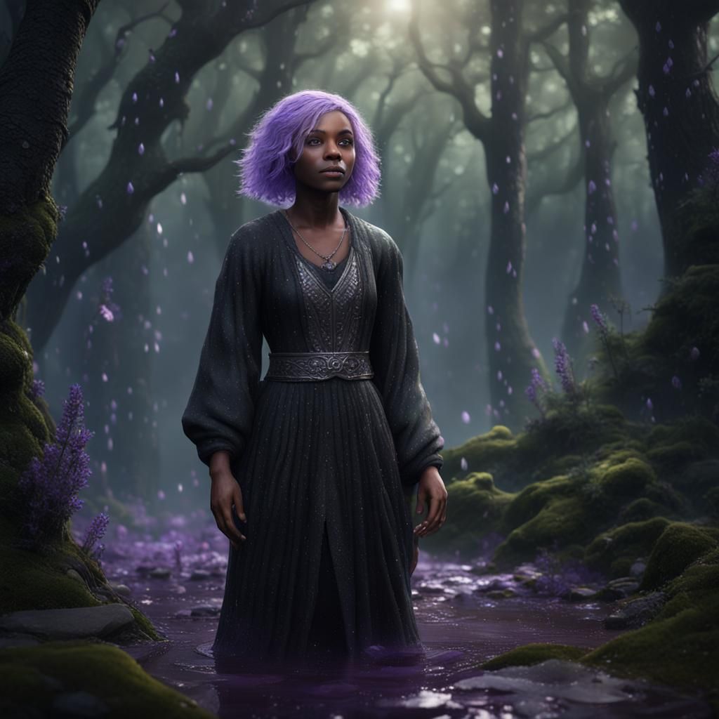 Rainy Forest Portrait of Woman with Lavender Hair
