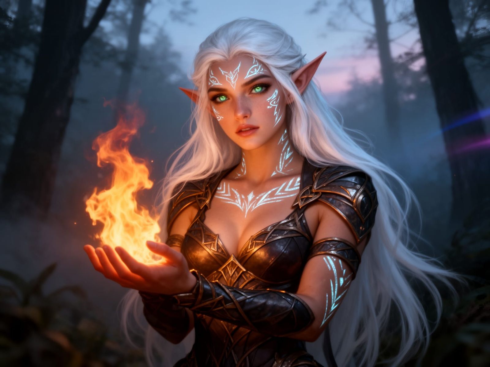 Elven Mage Conjures Fiery Magic in Forest