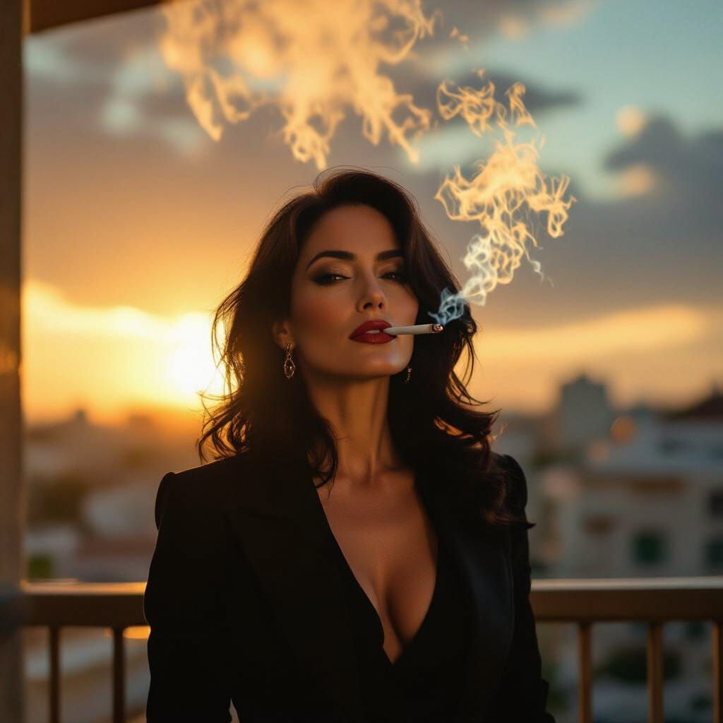 Woman Smoking on Balcony at Golden Hour