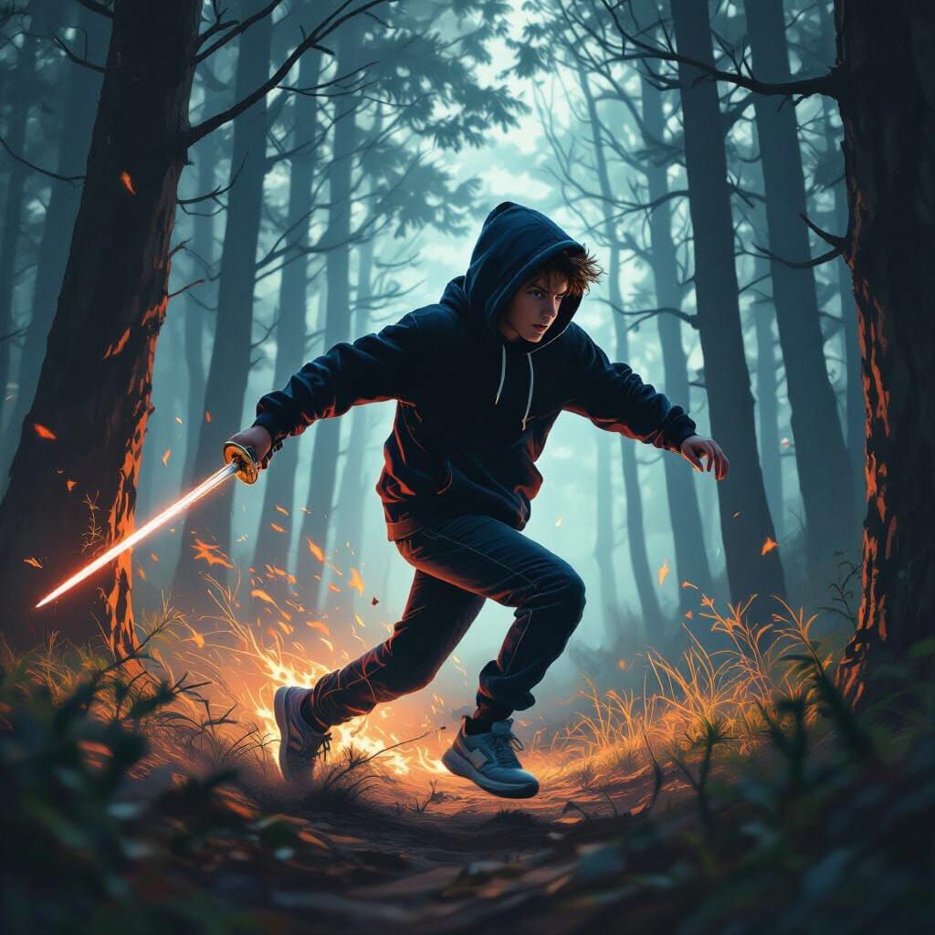 Boy with Saber Runs Through Mystical Woods