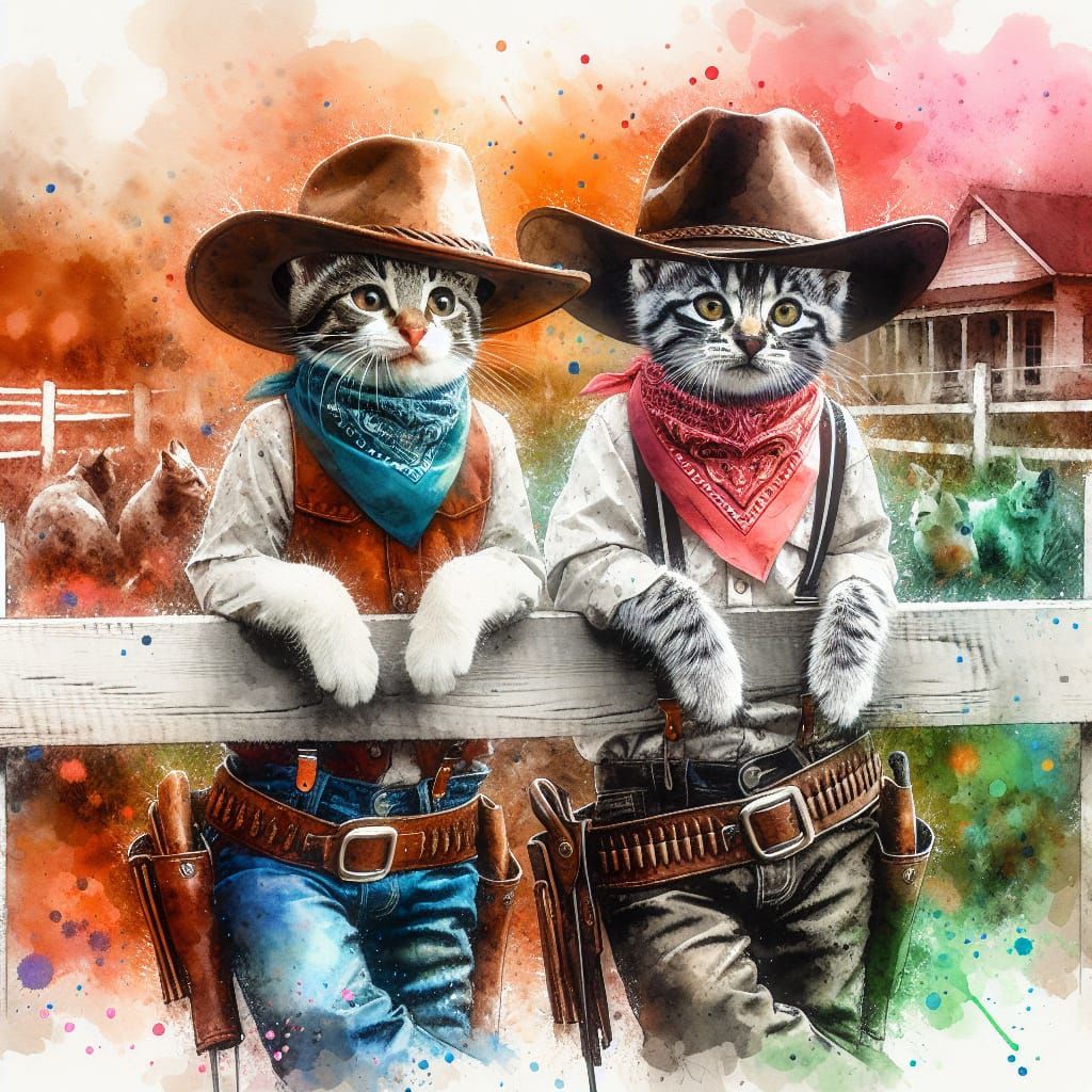 Cowboy Cats in Watercolor Splash Art Style