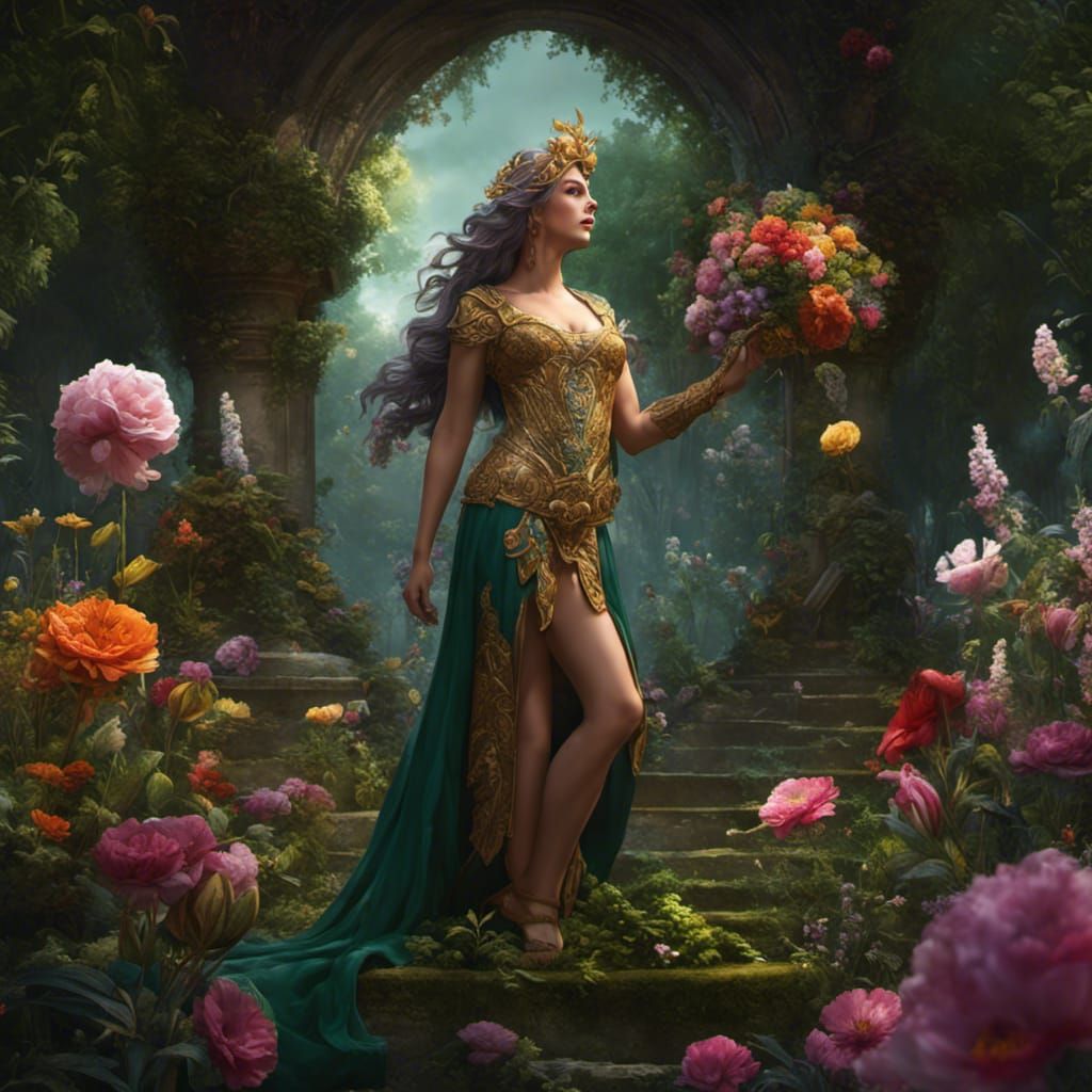 Flora, Goddess in Babylonian Gardens: Dark Fantasy Art