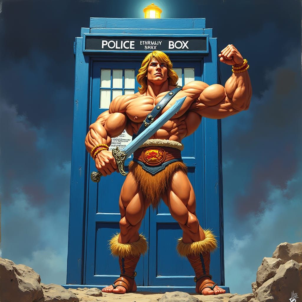 He-Man Flexing Before the TARDIS, 80s Fantasy Art