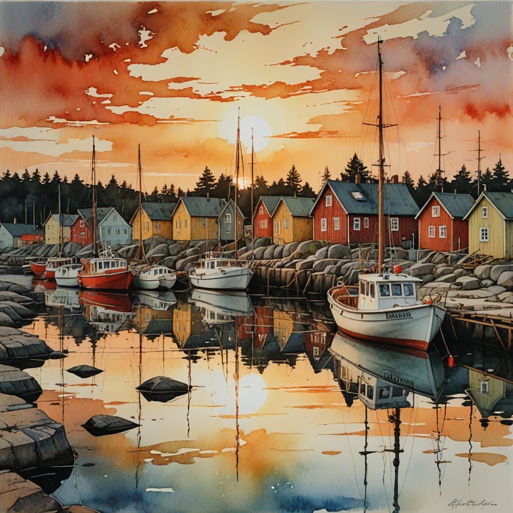 Swedish Archipelago Sunset: Watercolor Color Print Art