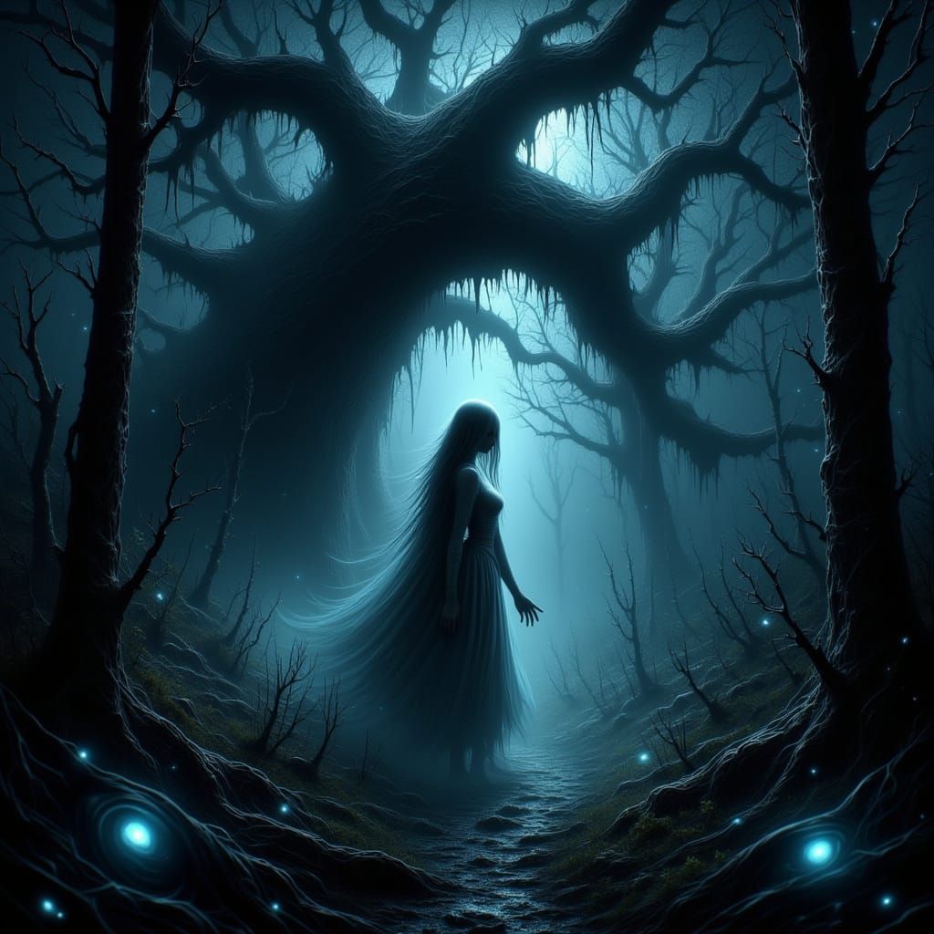 Ethereal Woman Sleeping in Pines, Soft Focus Bokeh