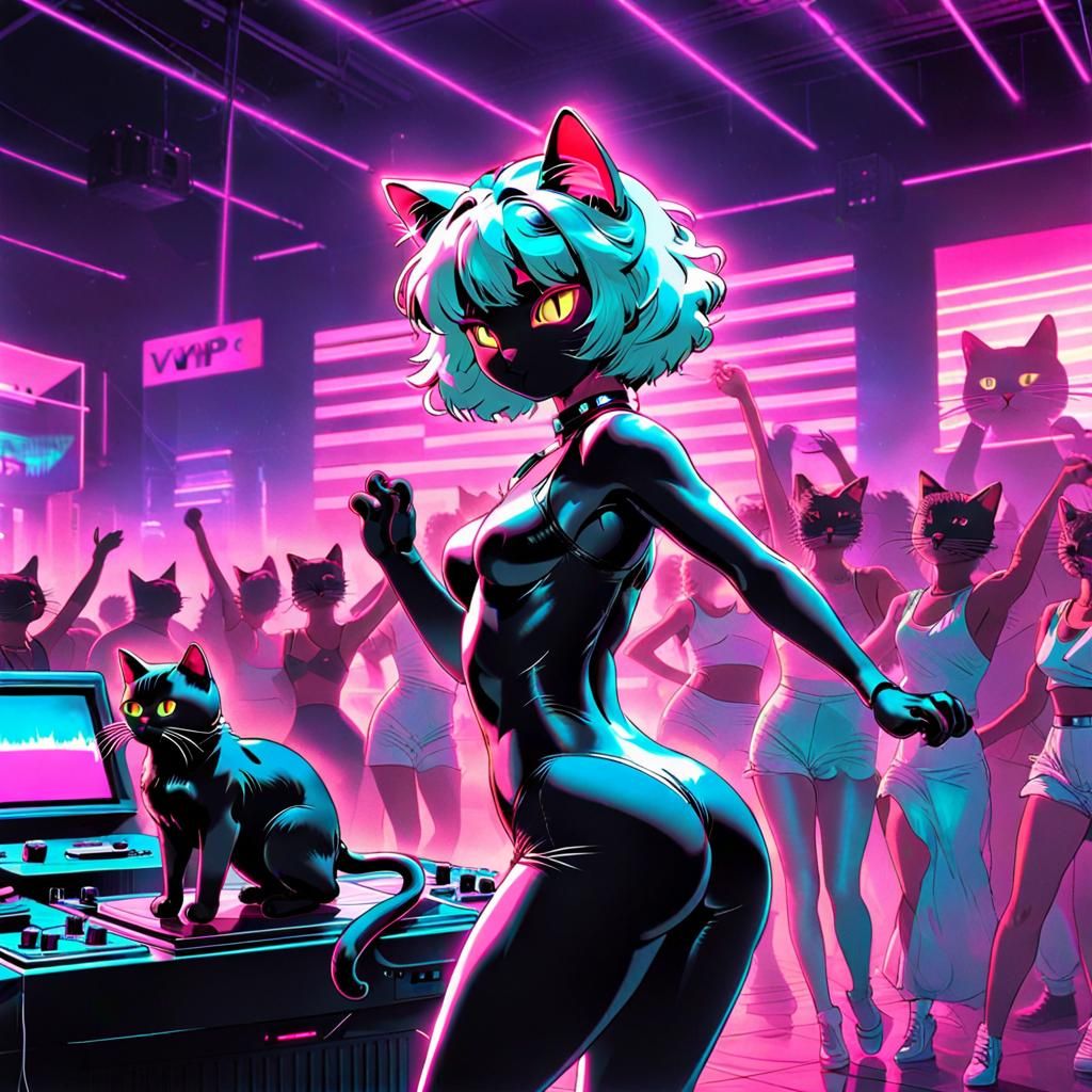 Gynomorphic Cat Dances in Vaporwave Nightclub