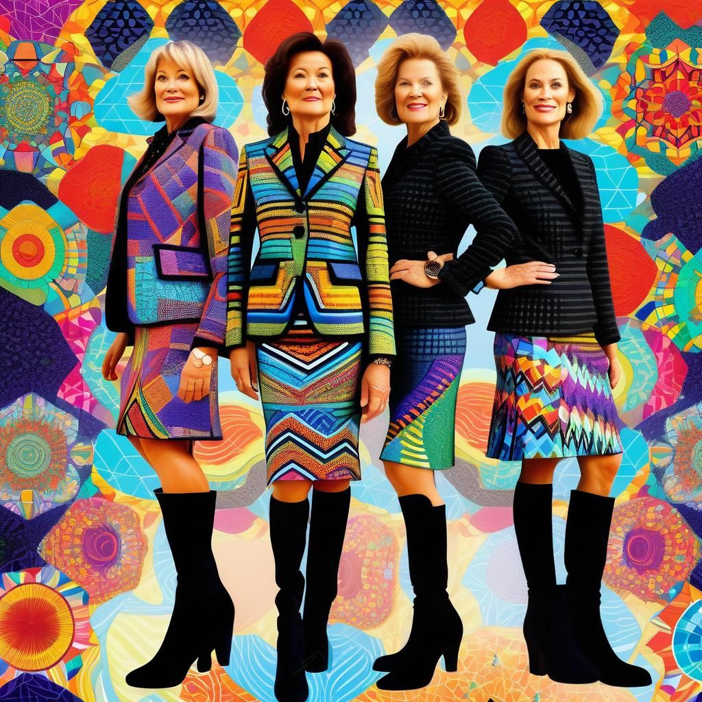 Businesswomen in Kaleidoscopic Suits and Black Boots