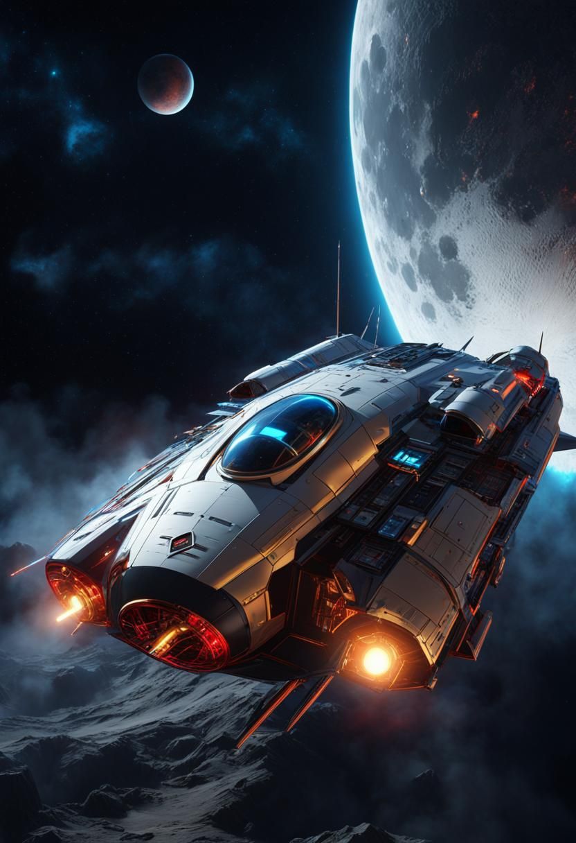 Futuristic Starship on Moon in Maximalist Style