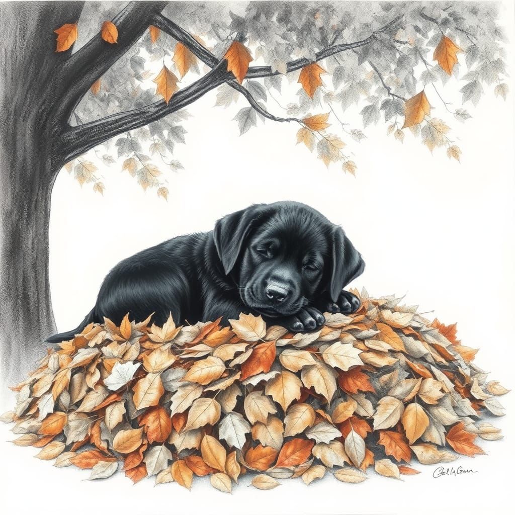 Chalk Drawing of Labrador Puppy Asleep in Autumn