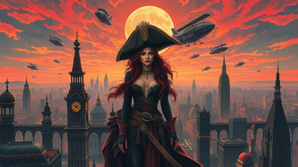 Gothic Pirate in Metropolis with Airships