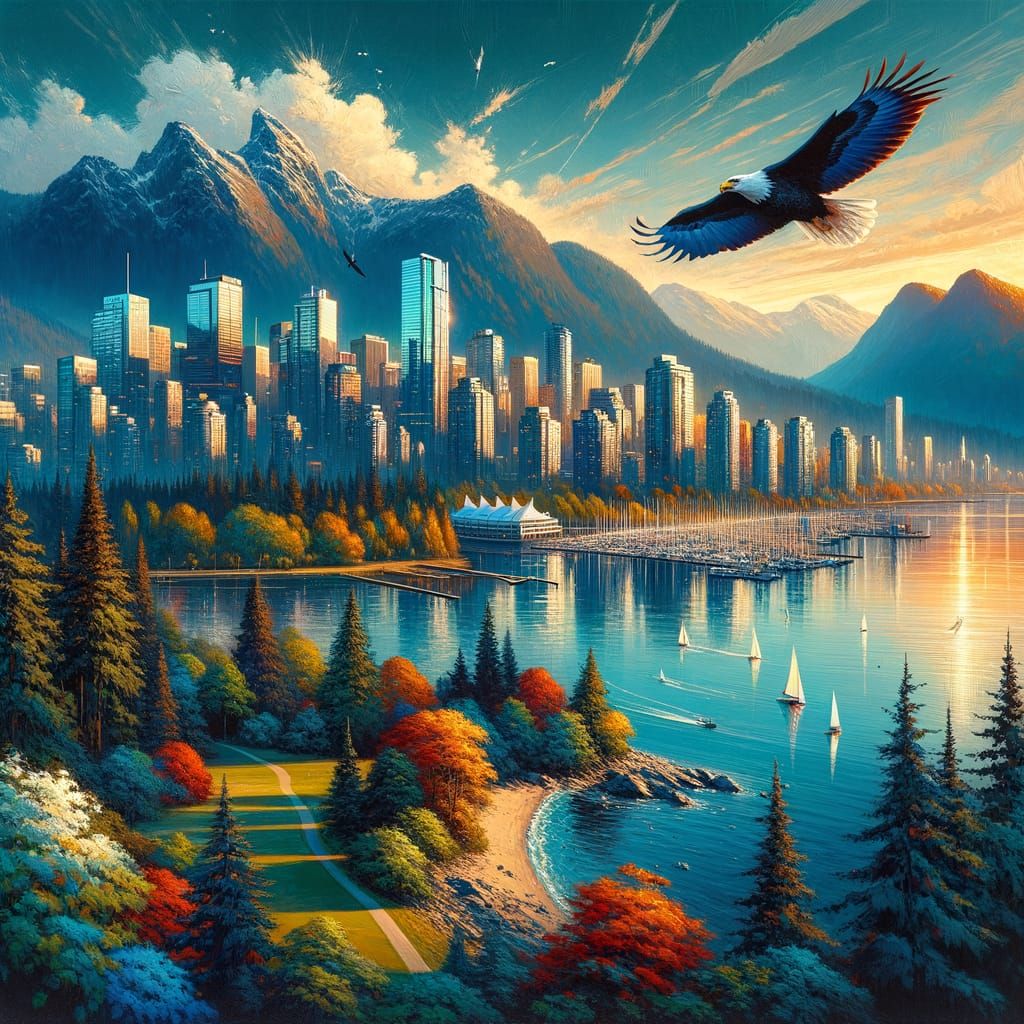 Vancouver Panorama in Expressionist Oil Painting Style