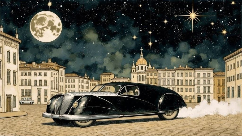 Dymaxion Car in Starry Italian City, Rackham Style