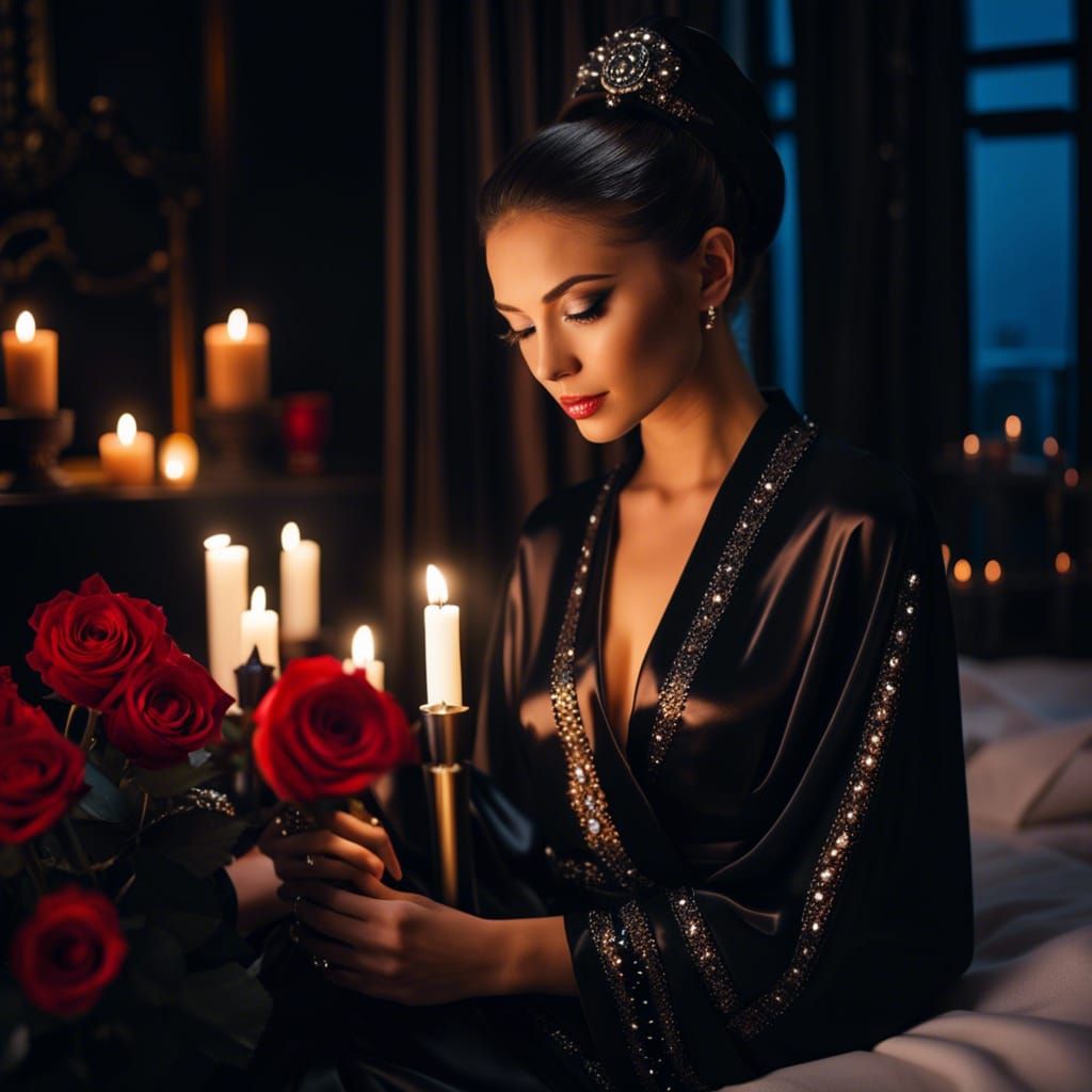 Portrait of Modern Tatar Woman with Candles and Roses