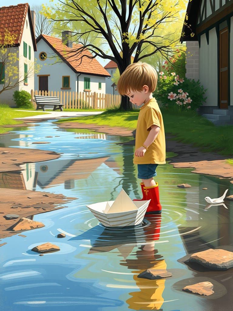 Boy Launches Paper Boat on Sunny Spring Day