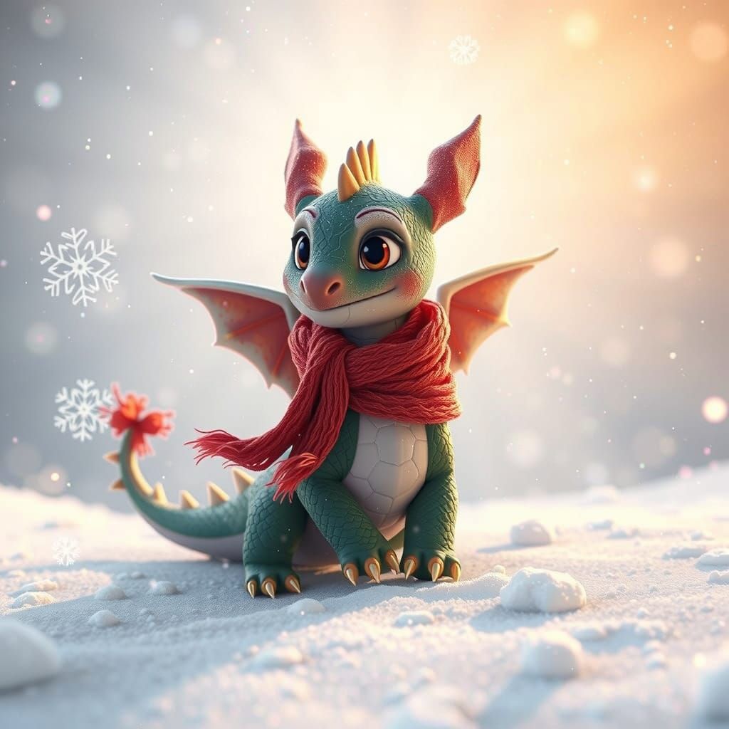 Cute Dragon Plays in Snow: 3D Digital Art