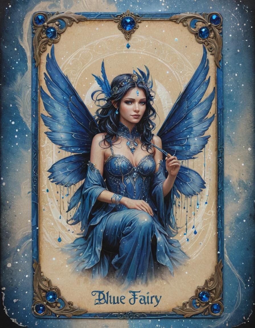 Blue Fairy Oracle Card with Sparkling Silhouette