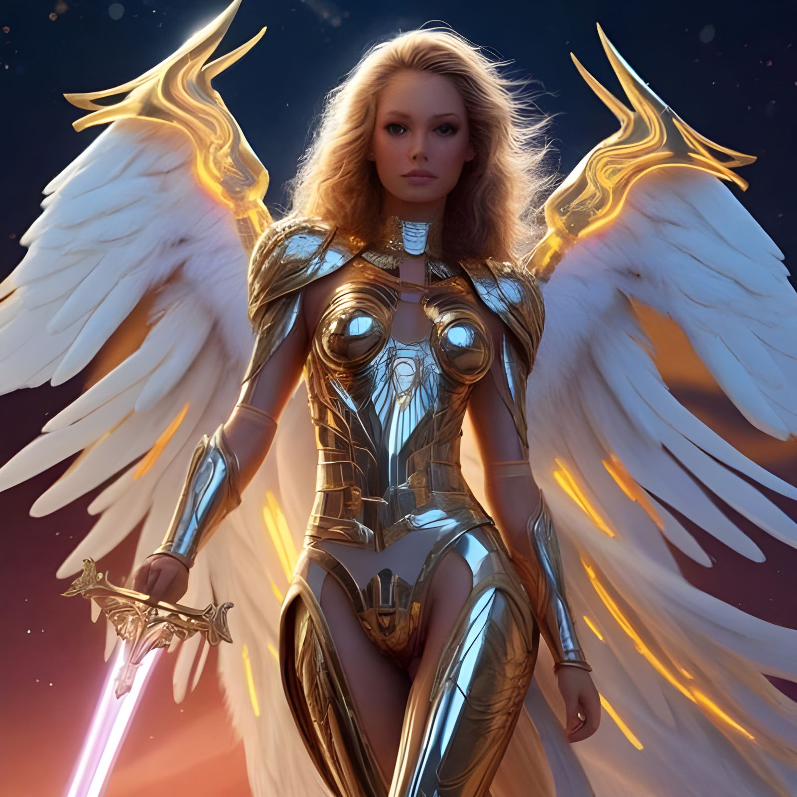 Futuristic Angel Warrior with Sword and Celestial Skies