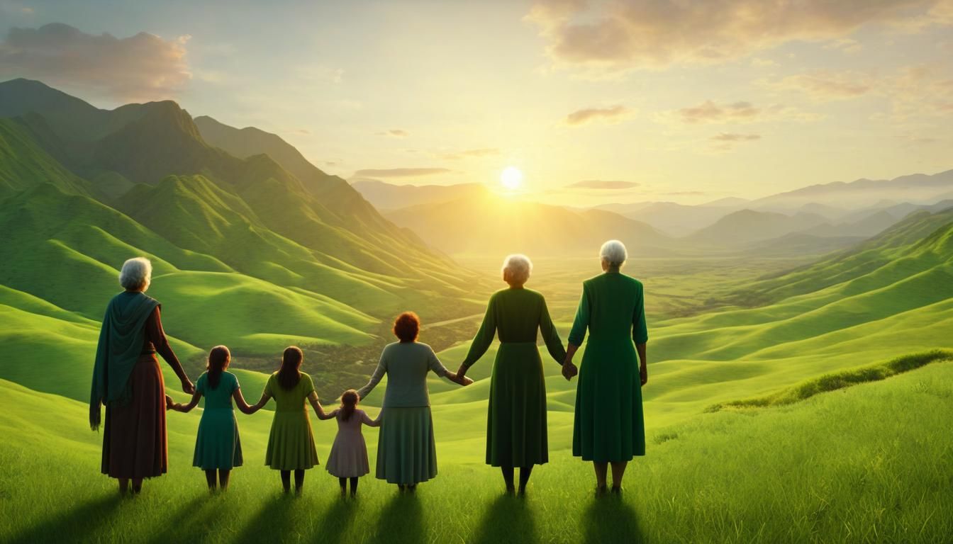 Women Watch Sunrise Over Valley: Matte Painting