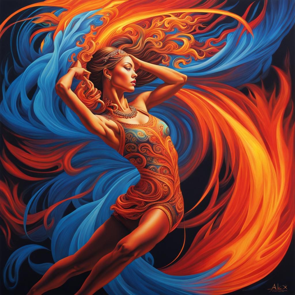 Dancer Surrounded by Swirling Flames in Art Nouveau Style