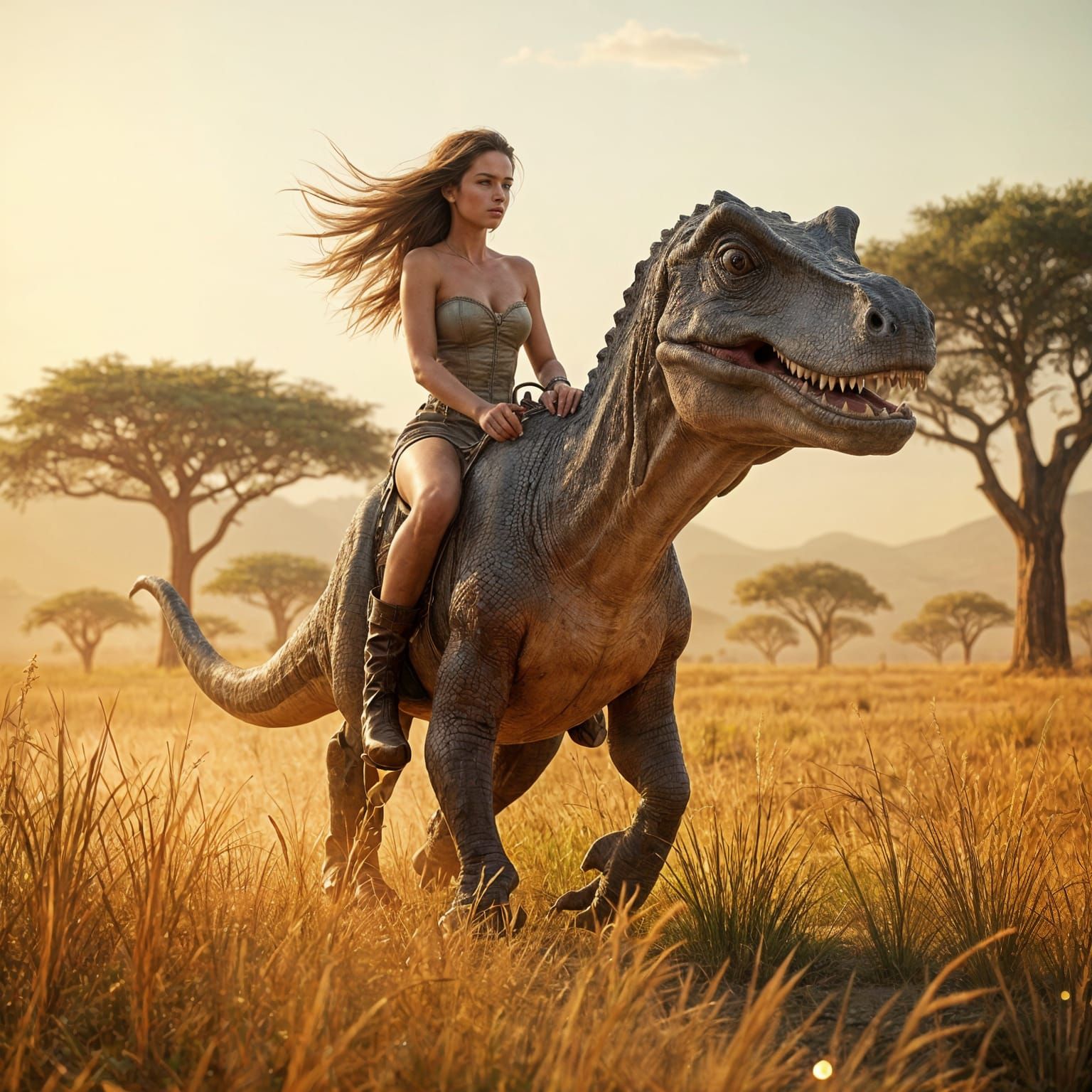 Surreal Hyperrealistic Woman Rides Majestic Dinosaur in Brea...