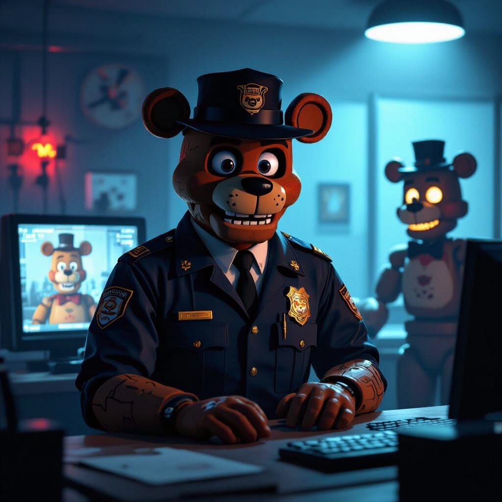 Night Guard in Dimly Lit Office With Creepy Animatronics
