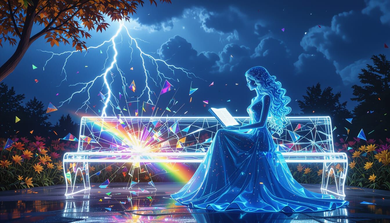 Blue Glowing Girl with Book on Neon Bench