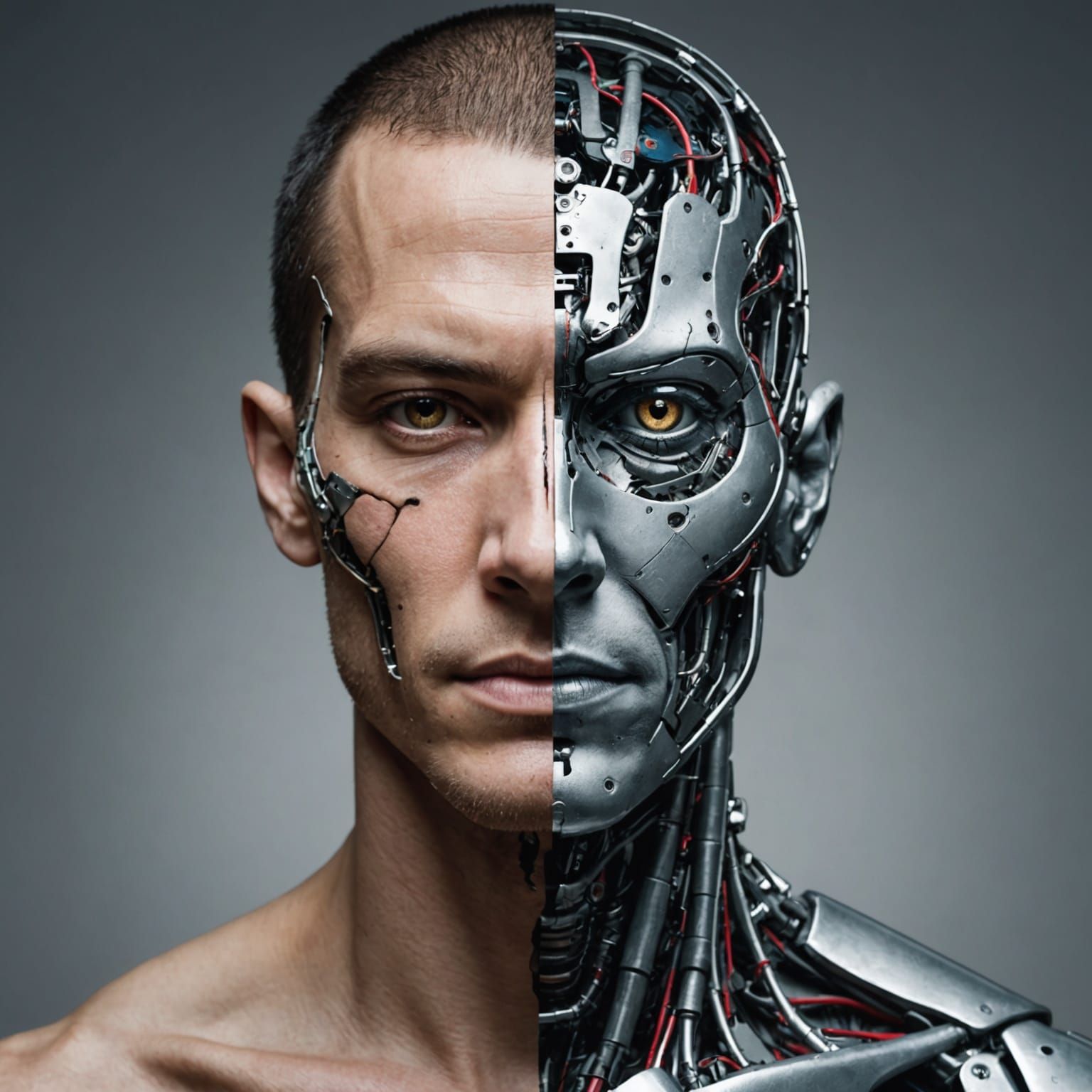 (Split portrait) of being that is half human and half cyborg, perfectly morphed