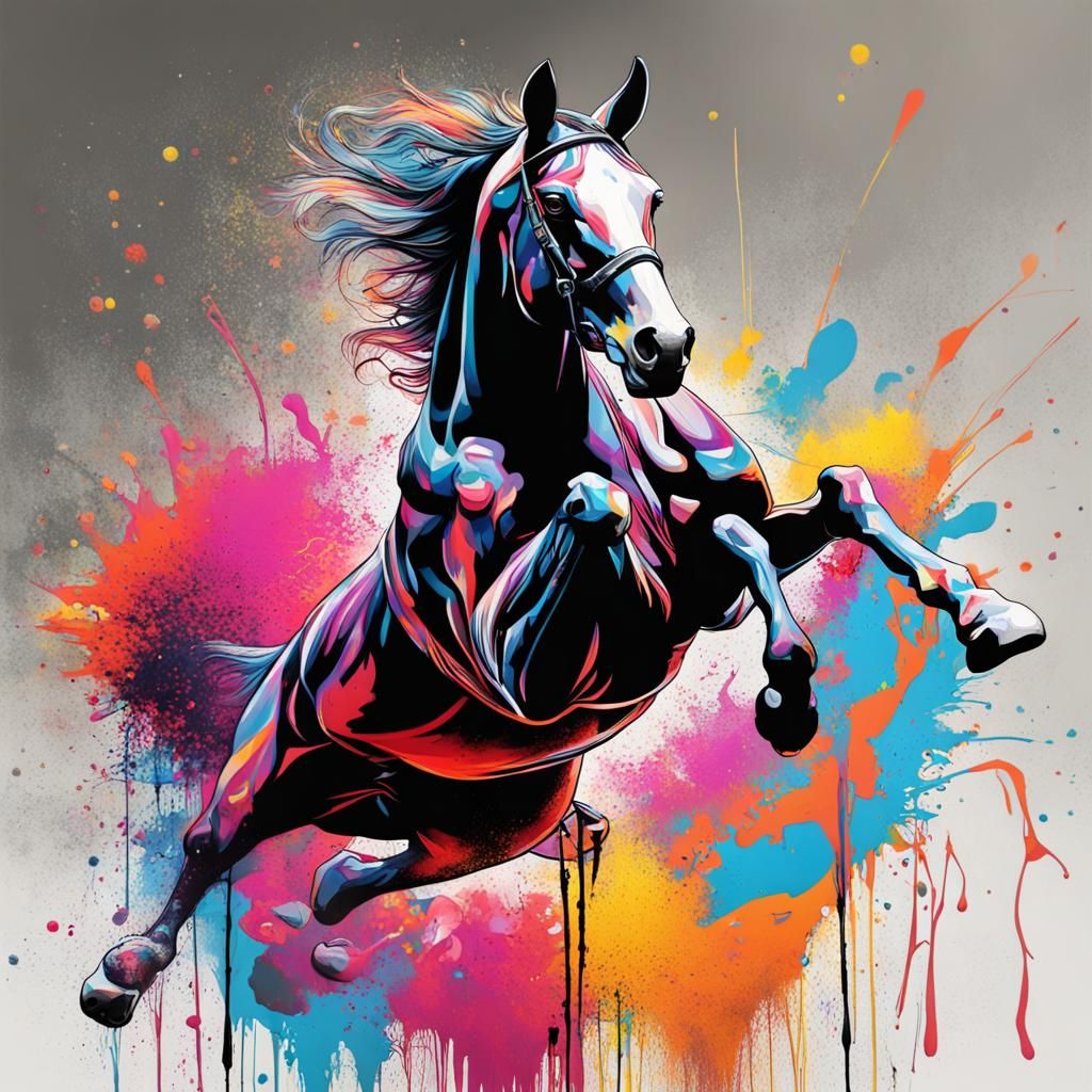Dutch Warmblood Horse Mid-Jump in Graffiti Art Style