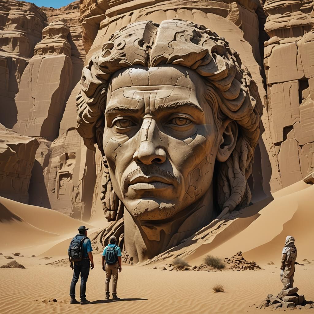 Explorer and Ancient Statue Head in Desert