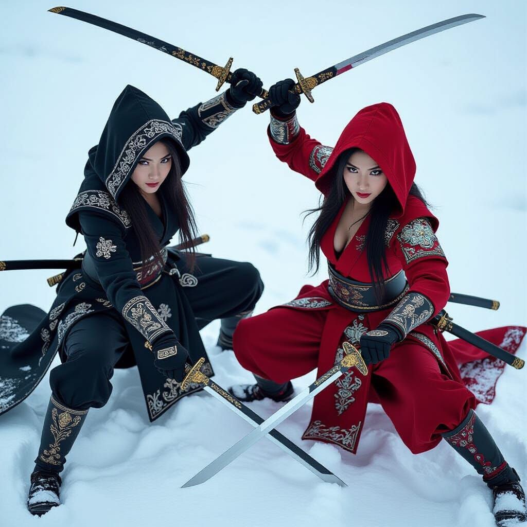 Dynamic Battle of Two Warrior Women with Ornate Swords