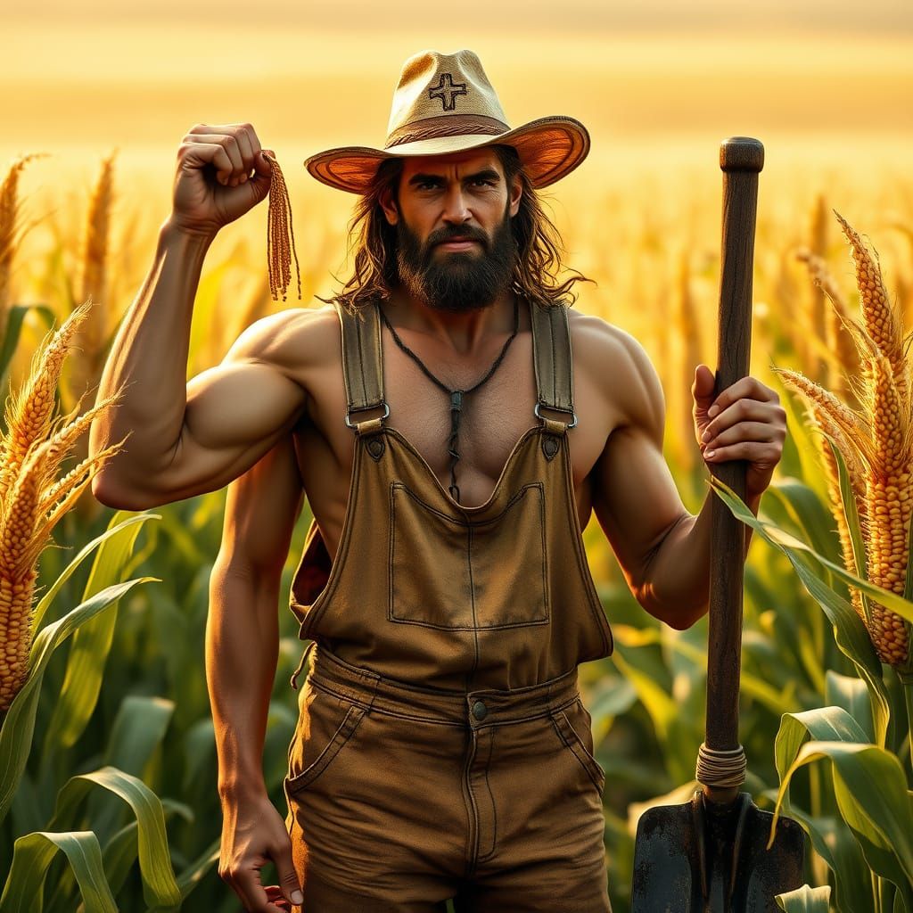 Jesus as a Brawny Farmer in Lush Cornfield