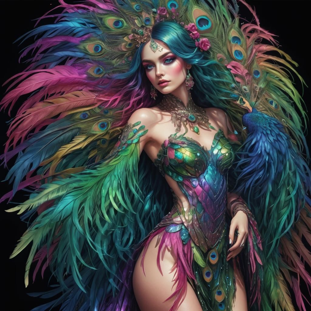 Iridescent Woman with Peacock Hair, Surreal Digital Art