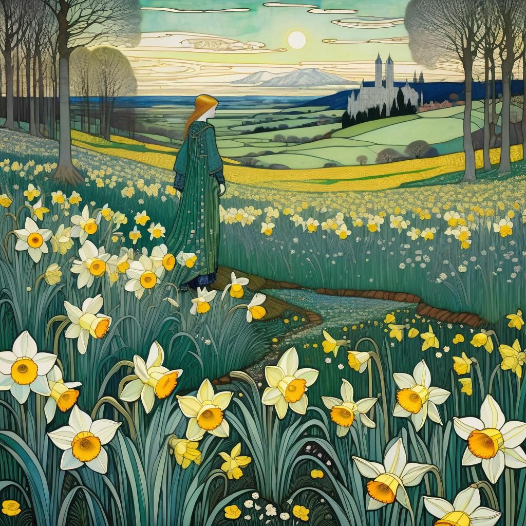 Daffodil Field in Golden Impressionist Style