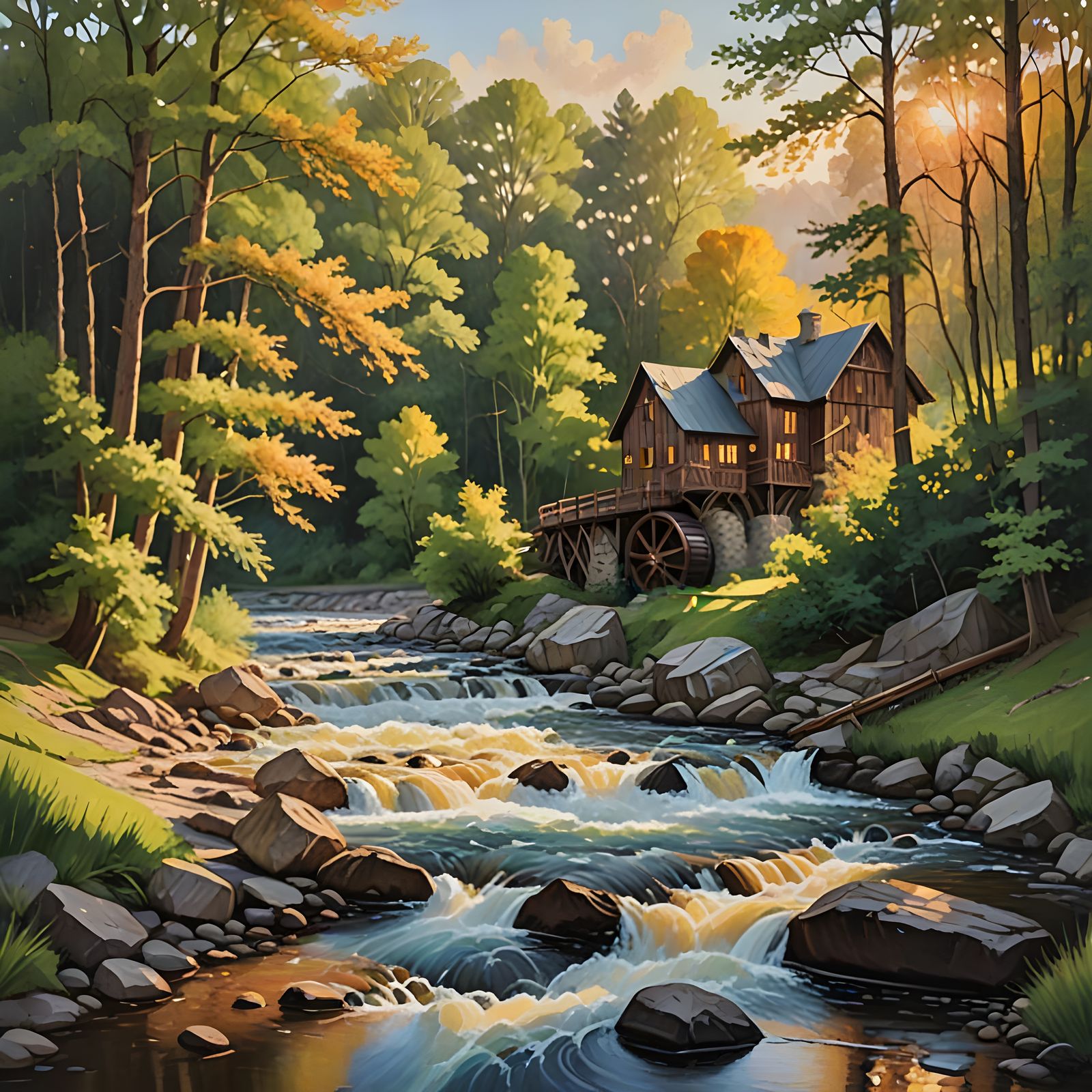 River Rapids and Mill in Forest Landscape