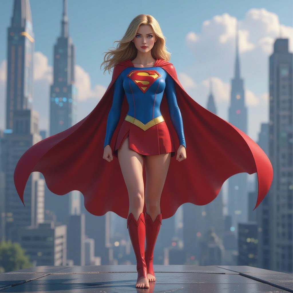Supergirl in Anime Style, Heroic Pose in Cityscape