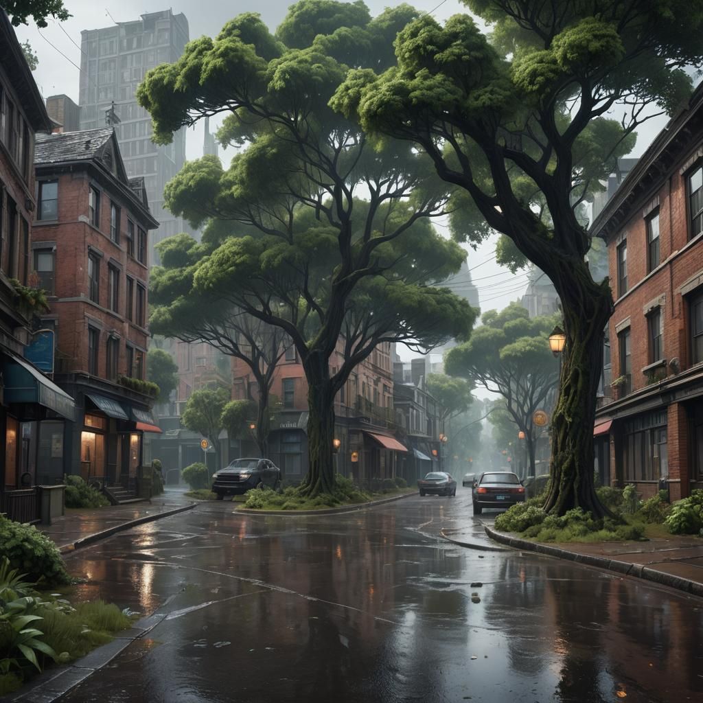 Rainy Empty Town Street in Detailed Matte Painting Style