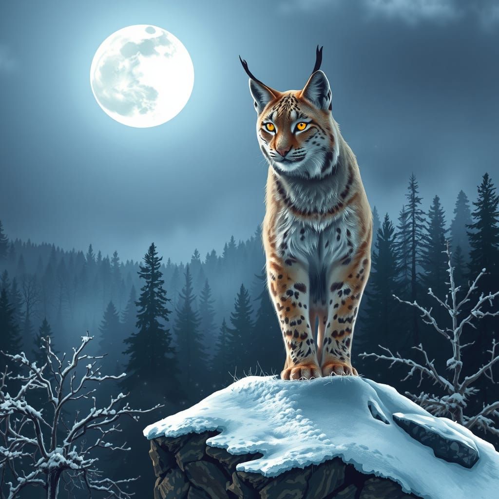 Regal Moonlit Lynx in Winter Landscape