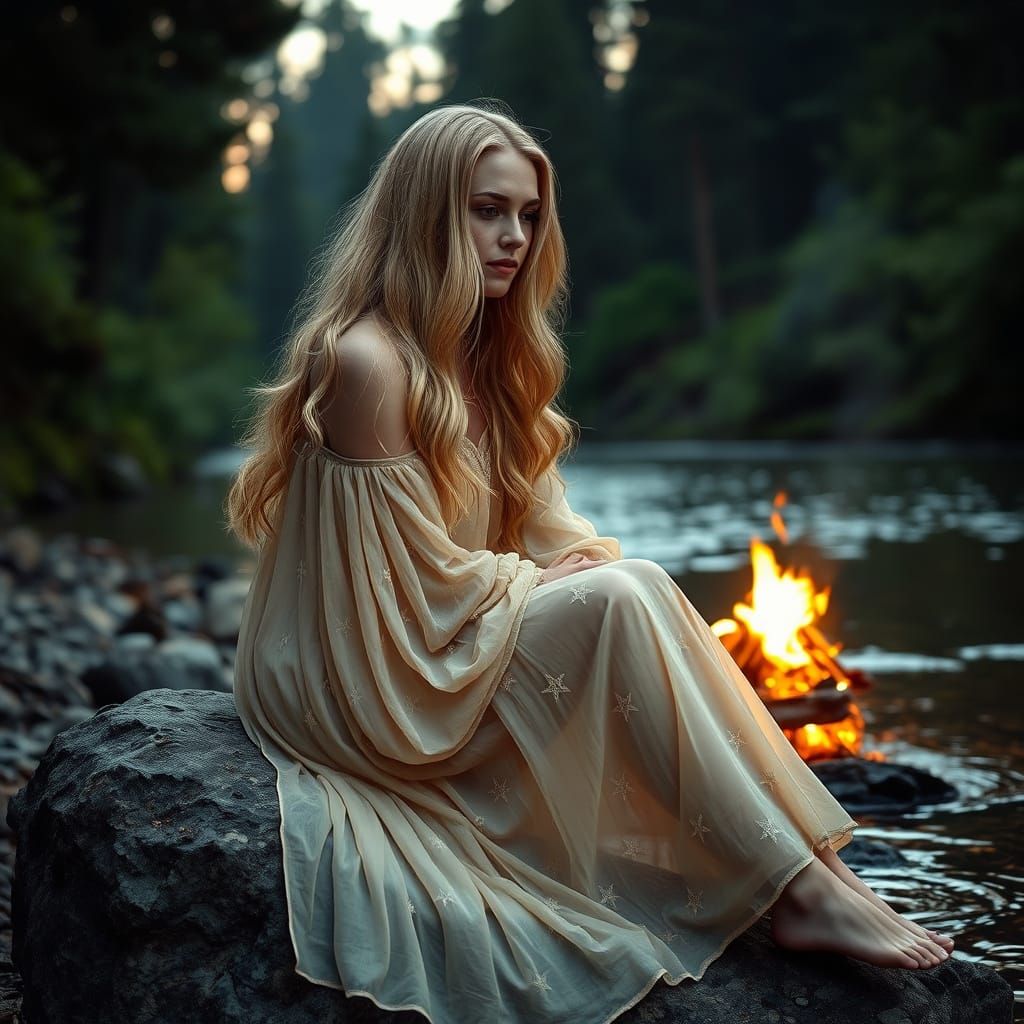 Serene Woman by Calm River in Twilight