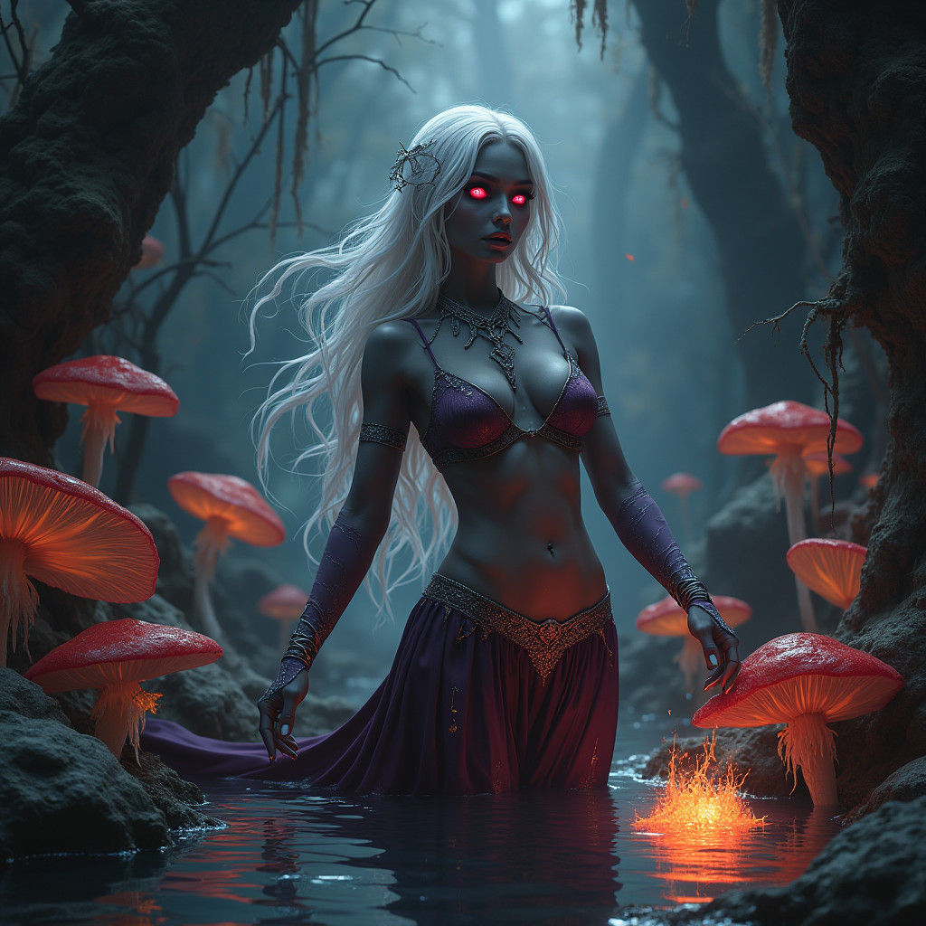 Regal Drow Female in Mystical Underdark Pond