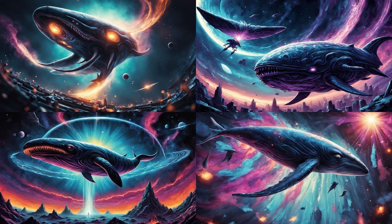 Winged Aliens and Space Whale in Graffiti Art Style