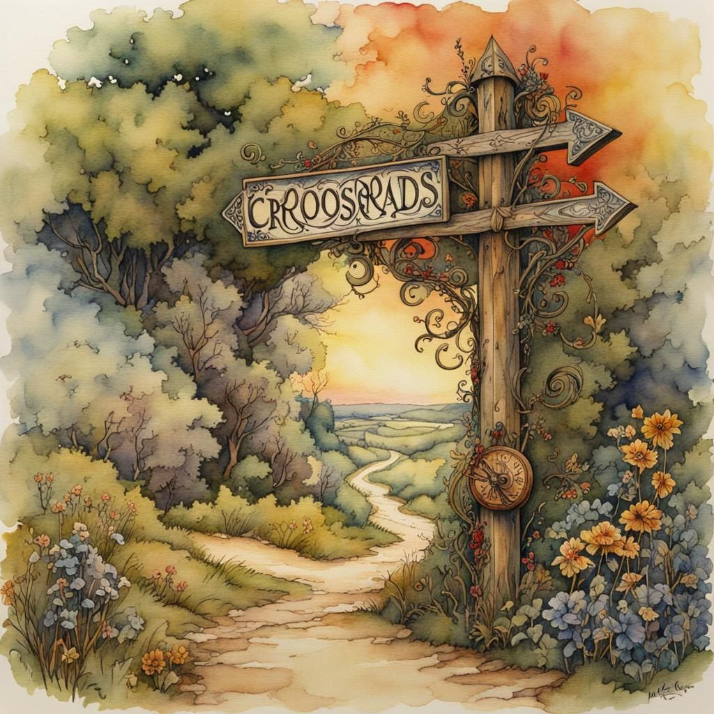 Fairytale Crossroads Sign in Rackham Watercolor Style